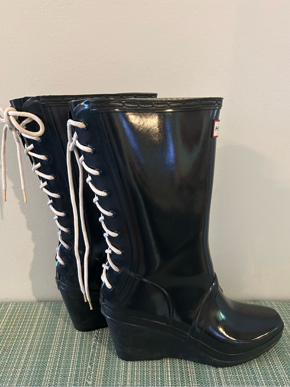 Hunter Verbier Navy Blue Wedge Rain Boots with White Lace-Up Back